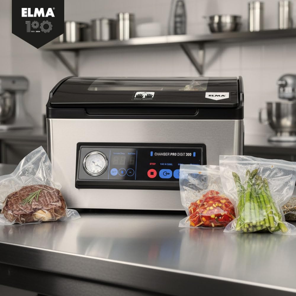 ELMA Kammervakuumierer Profi 350W | Vakuumiergerät Gastro Edelstahl | 30 cm Schweißbalken, 60 l/min, -0,95 bar | Für Flüssigkeiten geeignet | Restaurant, Hotel, Catering