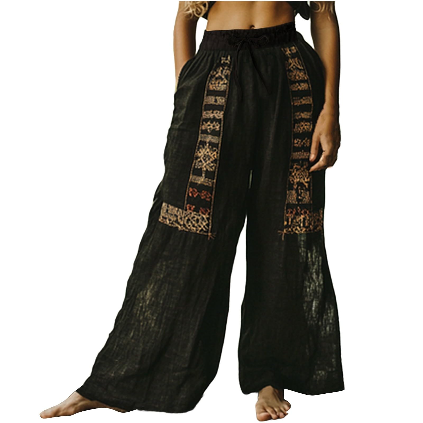 Pantalon Palazzo pour femme - Broderie - Pantalon de plage bohème - Pantalon large - Pantalon de loisirs - Cordon de serrage - Pantalon sarouel décontracté - Couleur unie - Plusieurs couleurs - Coupe