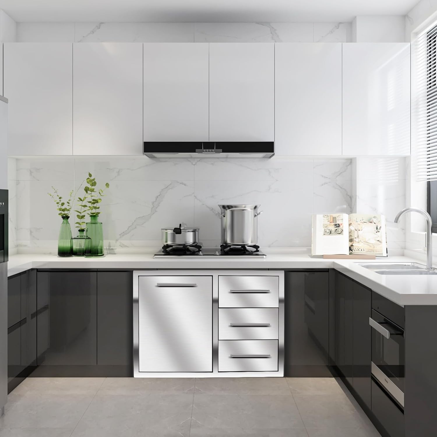 Outdoor Kitchen Drawer Combo, BBQ Access Trash Drawer Combo with Triple Stainless Steel Drawers(Right), Outdoor Kitchen for BBQ Island, Grilling Station, Outside Cabinet (28" W x 19.6“D x 20.1" H)