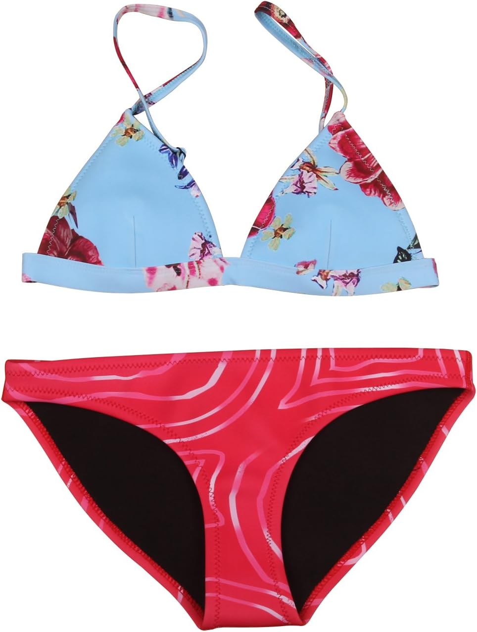 SISSIJOE Women Floral 100% Real Neoprene Suit Top & Bottom Bikini Swimsuit Swimwear Sky Blue Large