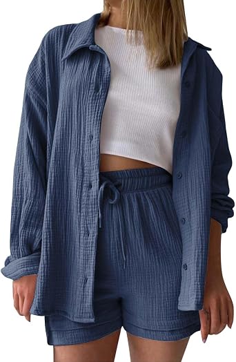 Linen Sets For Women 2 Piece Shorts Long Sleeve Shirts Drawstring Shorts Summer Beach Outfits Lounge Tracksuits