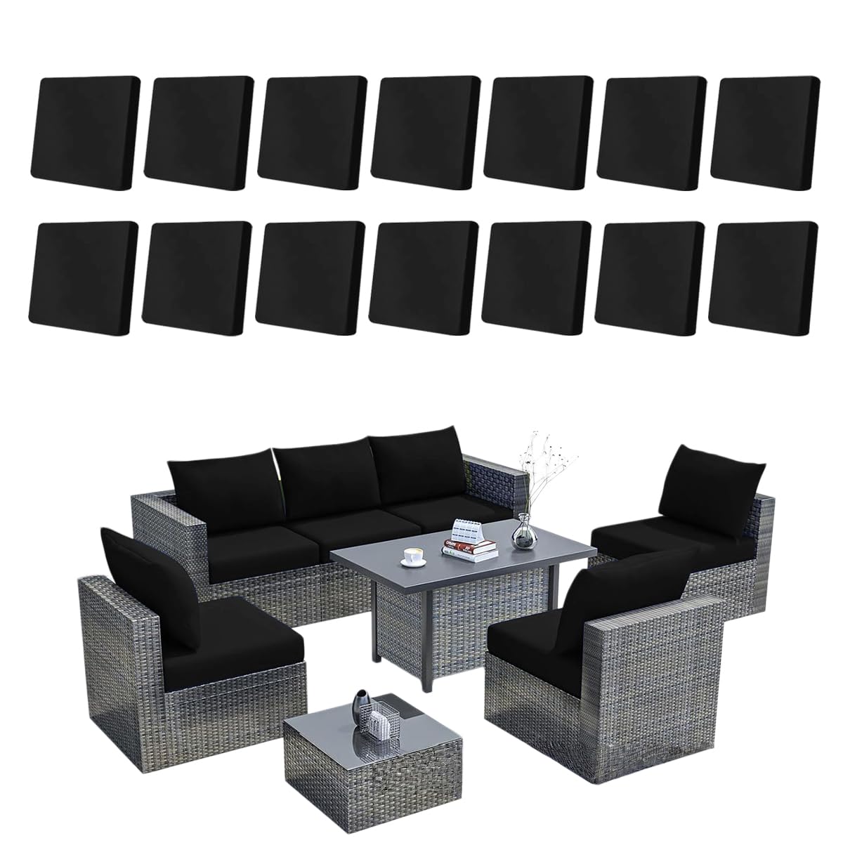 Hiseng 8/12/14 PCS Outdoor Cushion Covers Stretch Patio Cushion Covers Replacement Slipcovers Washable for Outdoor Sofa Cushions, Garden Furniture Set, Rattan Corner Sofa (Black,14 pcs)