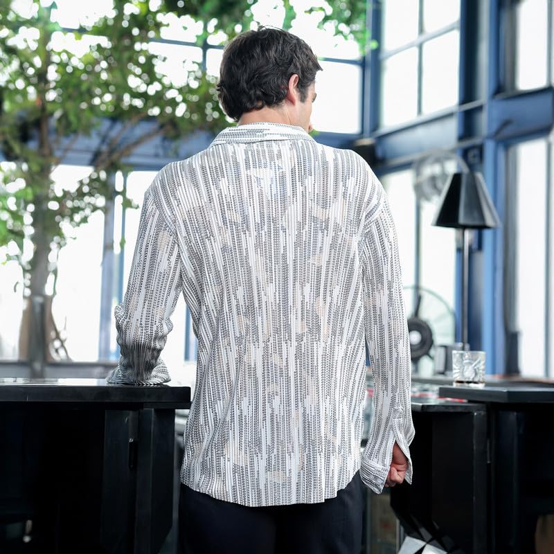 Image of CAHOOT Men Shirt | Spread Collar, Long Button-Cuff Sleeves | Button, Curved Hem | Geometric Print Pleated | Woven Fabric for Casual Ivory White