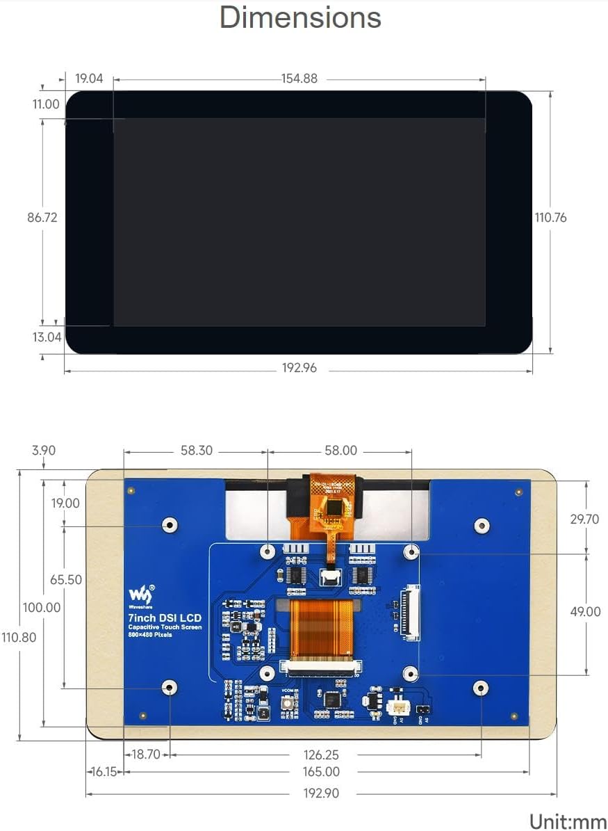 TUOPUONE 7 inch Capacitive Touch Display, DSI Interface, IPS Screen, 800×480 Resolution, 5-Point Touch, Without Case, Compatible with Raspberry Pi 4B/3B+/3A+/3B/2B/B+/A+ (7inch DSI LCD (B))