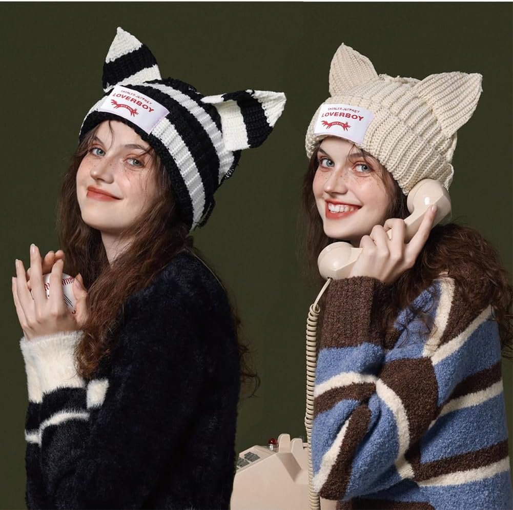 Womens Beanie Hat Winter Cuffed Knit Hats with Cat Ears Thick Warm Y2k Skull Caps Mens Ski Hat - Image 9