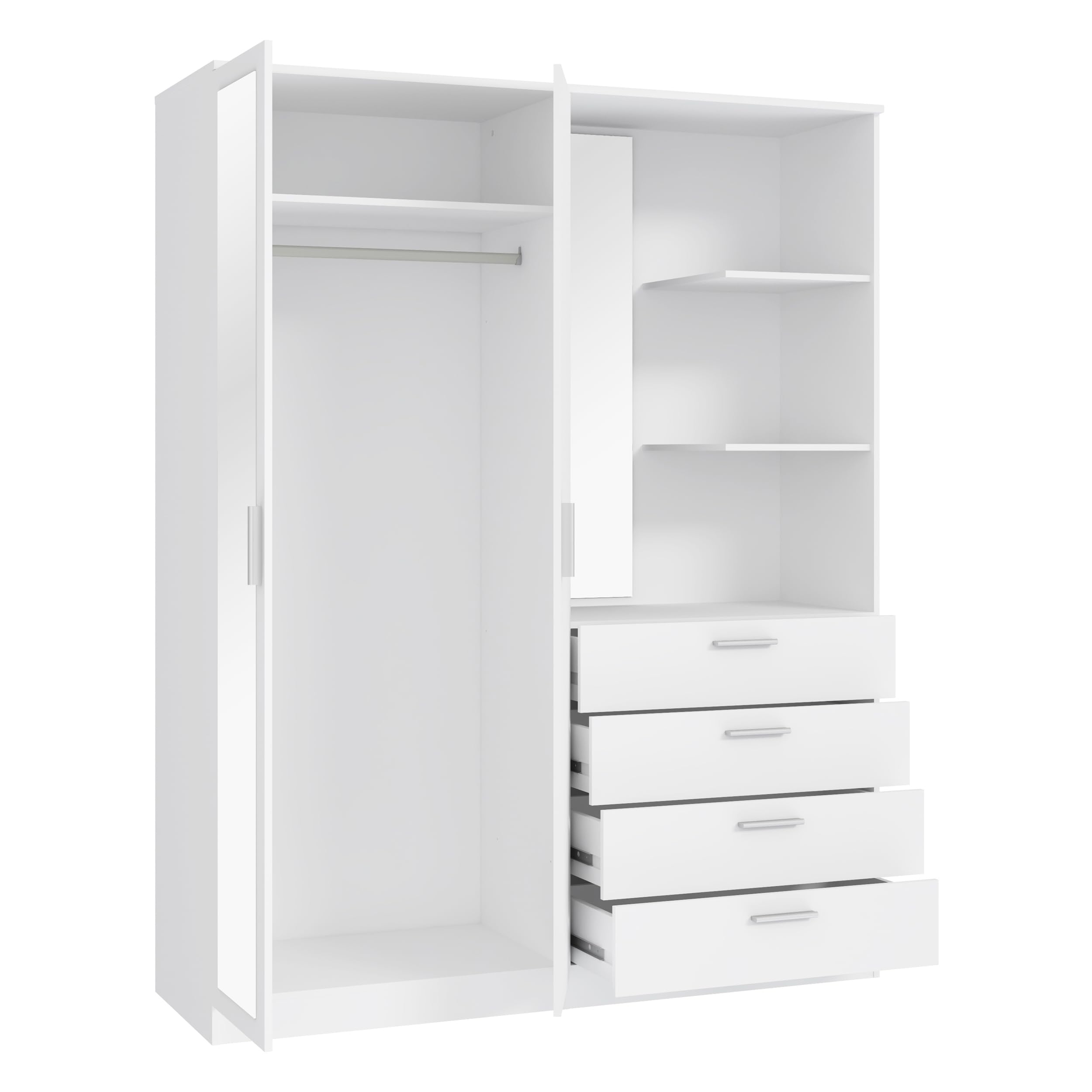 Forte DEWANIA Kleiderschrank 160, Schrank mit offenen Regalfächern und Spiegel, Holzwerkstoff, Weiß, 159,3 cm breit, 203,4 cm hoch, 52,7 cm tief