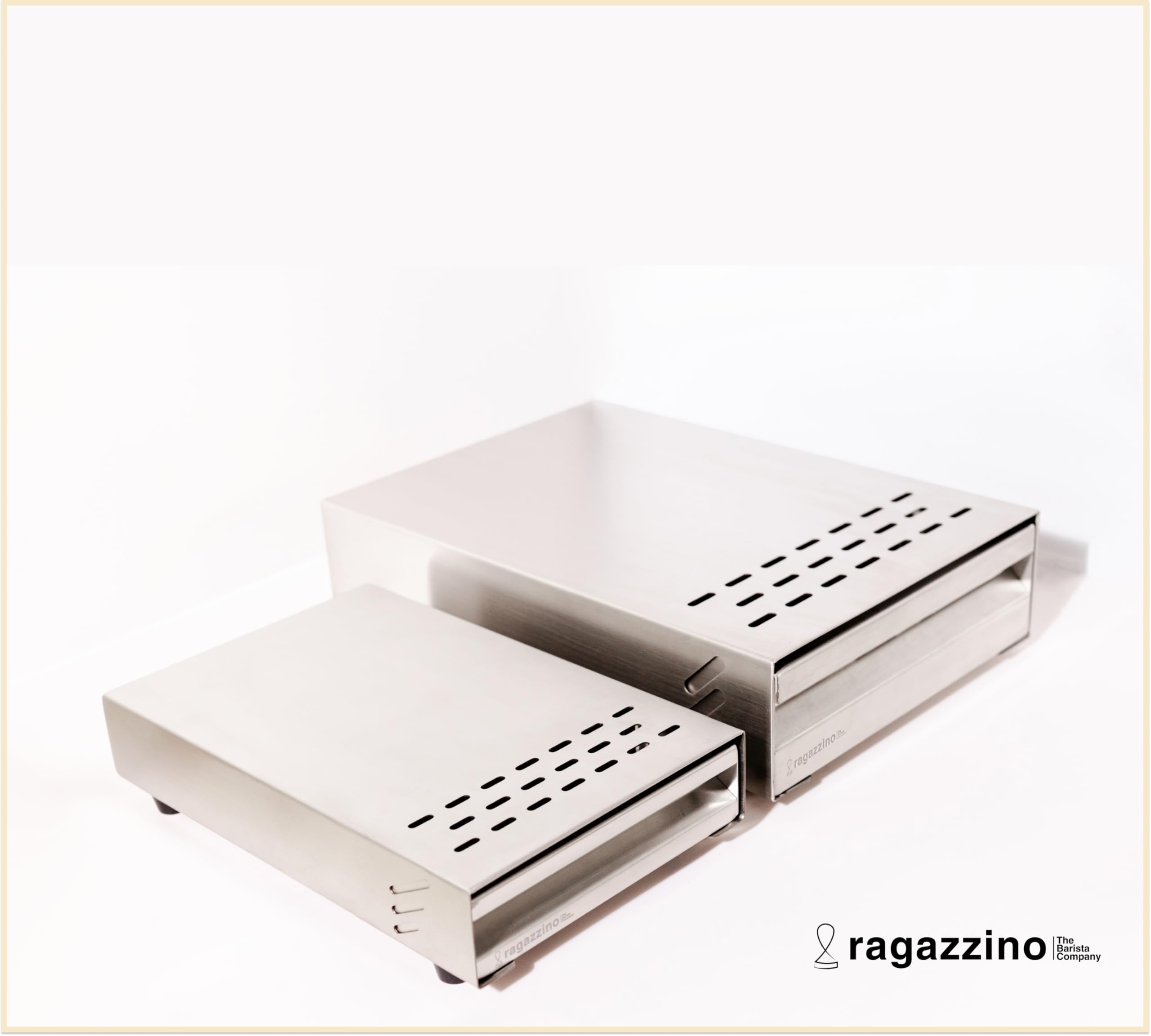ragazzino Abklopfbehälter aus Edelstahl | Sudschublade für Espresso Siebträgermaschine | Abschlagkasten mit herausnehmbarer Abklopfstange | Knock Box 280x180x64mm