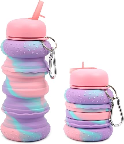 Kids Water Bottle 600ml, Collapsible Water Bottle, Silicone Foldable Water Bottle with Keyring, BPA Free Leakproof Folding Water Bottle for Outdoor, School, Boys and Girls, 21oz(Hamburger)