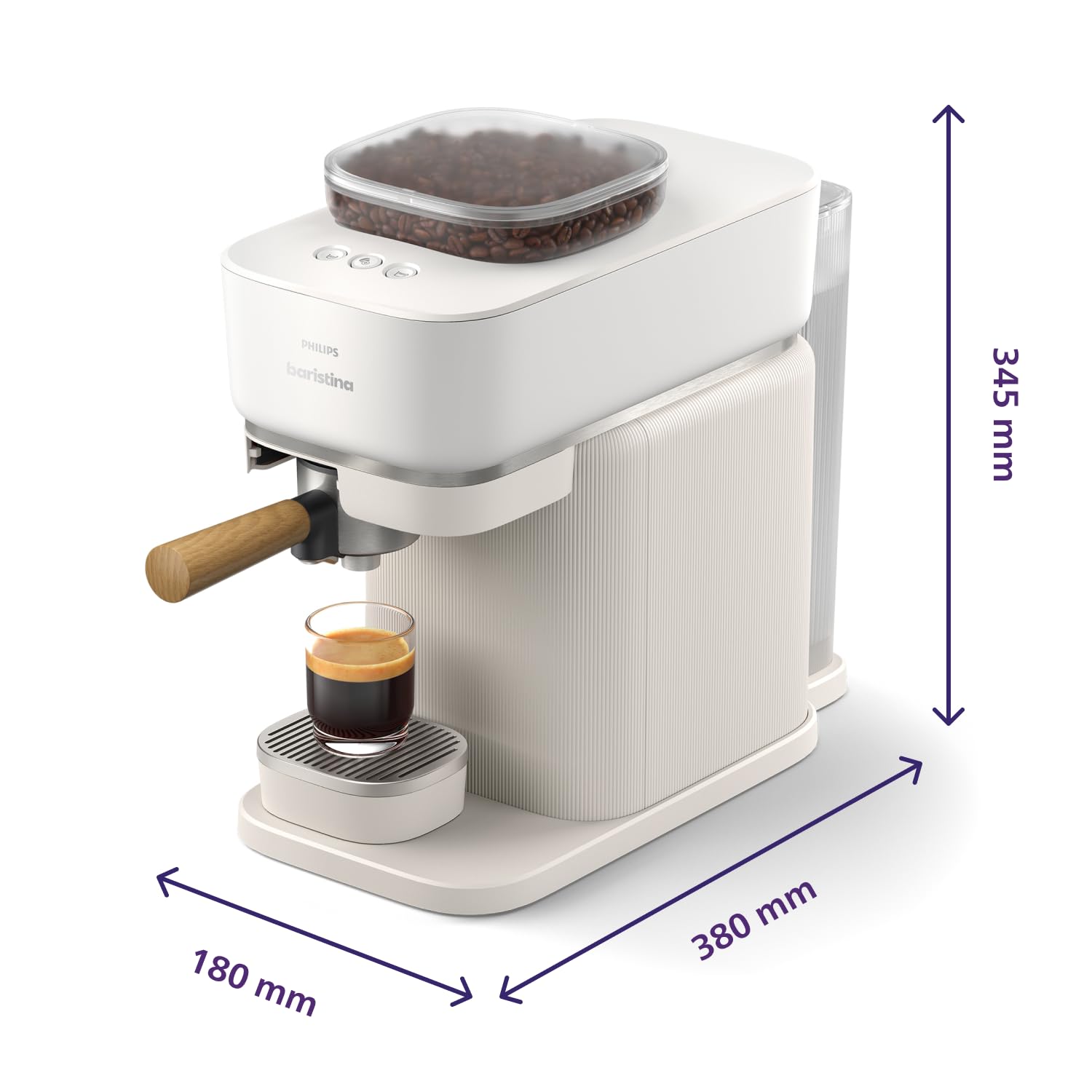 Philips Baristina Machine à expresso, Mouture, tassage et infusion automatiques, 16 bars,Expresso,Lungo, Format compact, Blanc naturel avec porte-filtre en frêne, Machine à café avec broyeur BAR307/20