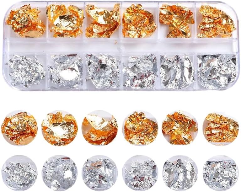 Gold Leaf Sheets for Nail Art - 12 Grids of Colored Gold Foil Paper Flakes for Aluminum Nail Decoration Supplies, Perfect for DIY Nail Designs and Crafts (A, 12 Grids)