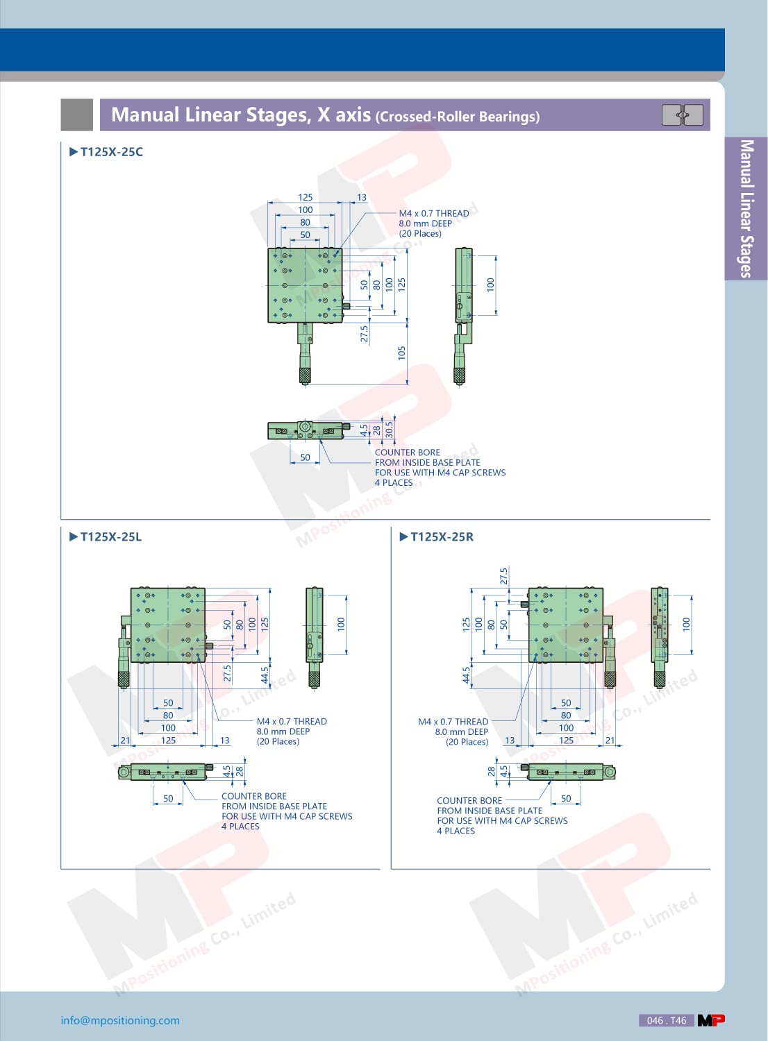 Precision Linear Stage, MPositioning T125X-25R Manual Translation Stage 25 mm Travel Micrometer in Right, 15 of Loading