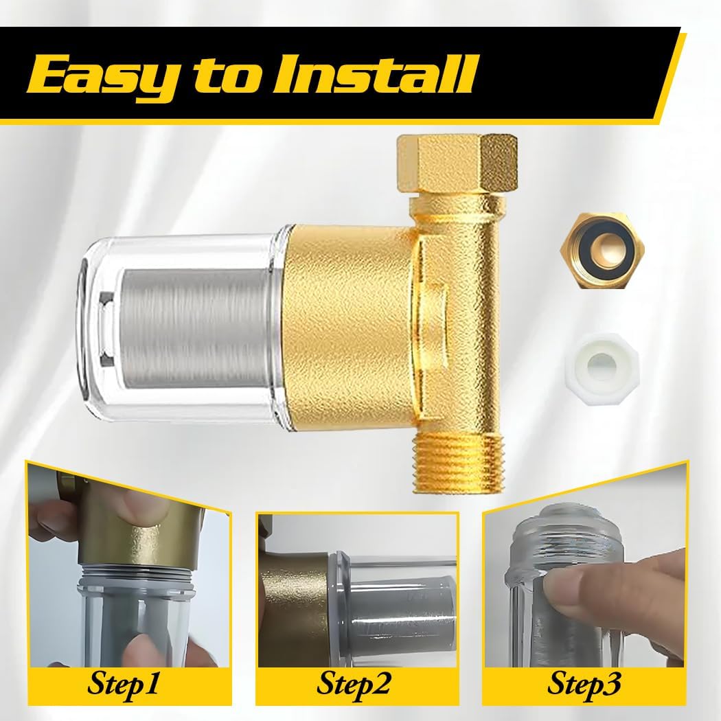 40 Micron Brass Sediment Filter, Inline Water Filter fits 1/2" NPT & 3/4" GHT, Visual Sediment Filter for Washing Machines to Ensure Cleaner Clothes, Also for Water Heaters, RVs, Boats, Garden Hoses - Image 6