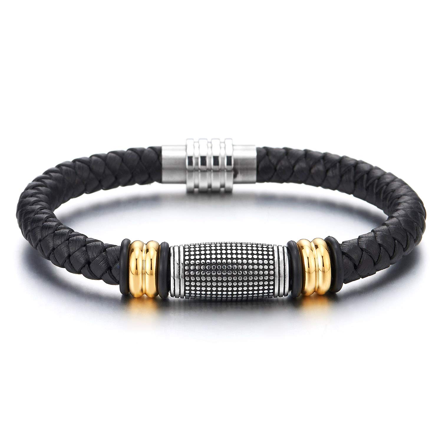 COOLSTEELANDBEYONDHombre Mujer Negro Trenzado Cuero Pulsera con Acero Vintage Puntos Perla Encantos Plata Oro, Cierre Magnético