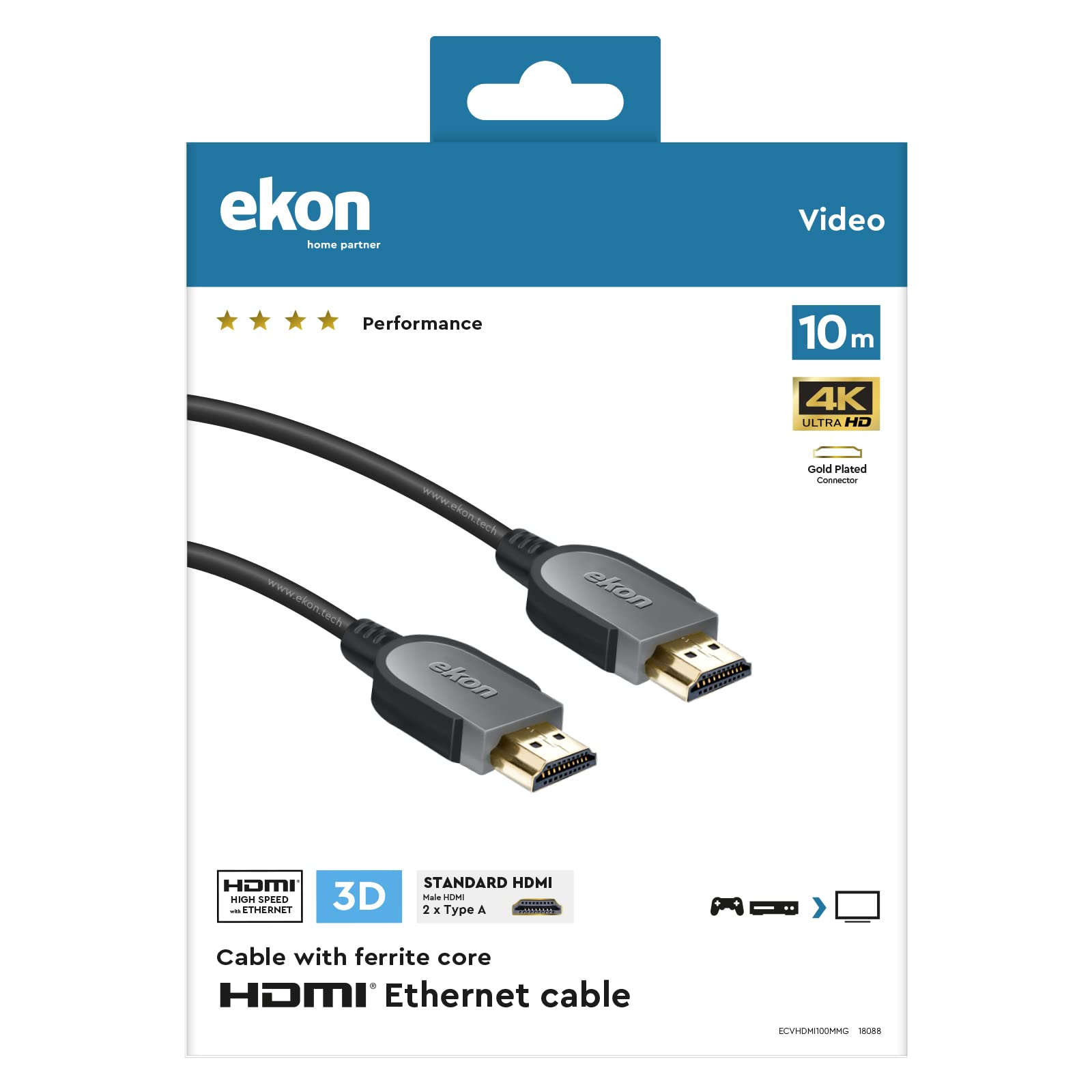 ekon cavo HDMI 1.4 ethernet, maschio maschio, 10 metri, risoluzioni 4K Ultra HD e 3D, connettori dorati, per TV, proiettori, laptop, PC, MacBook, PlayStation, Nintendo Switch