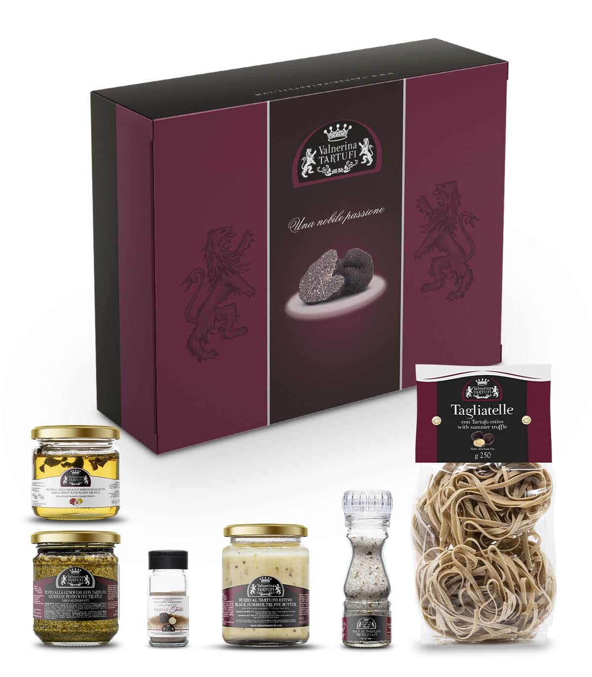 Confezione regalo Natalizia PIXYS con Sale al tartufo, Pesto alla genovese, Truffle taste, Burro al tartufo, Delizia al miele d'acacia e tartufo bianco, Tagliatelle al tartufo estivo