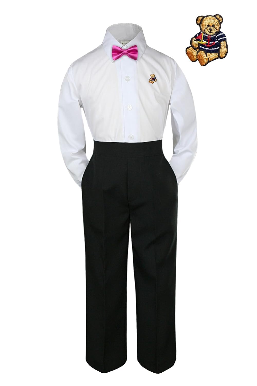 Unotux 3pc Formal Baby Toddler Boys Fuchsia Bow Tie Black Pants Bear Suit S-7 (2T)