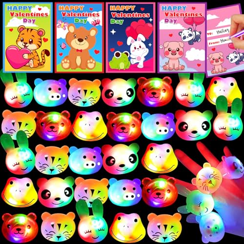 AMENON Valentines Day Gifts for Kids 24 Pack Valentines Cards with 6 Designs Animal Shapes Led Light Up Rings Bulk Party Favors Toys for Kids Boys Girls Birthday Classroom Exchange Prizes Glow