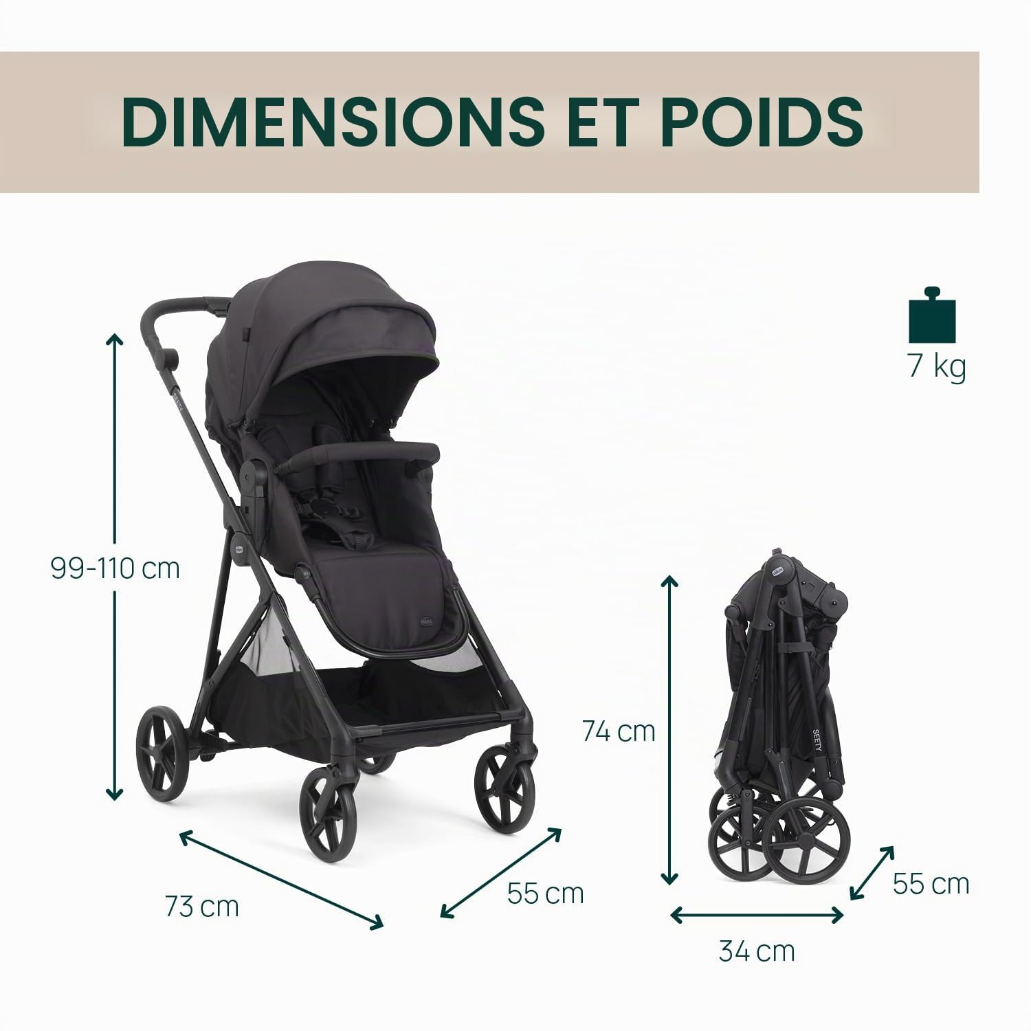 Chicco Poussette Seety, Poussette Légère et Compacte de 0 Mois à 4 Ans, Charge Max 22kg, Poussette Pliable, Dossier Inclinable, Fermeture Automatique en 1 Geste, Canopy Pare-soleil et Habillage Pluie