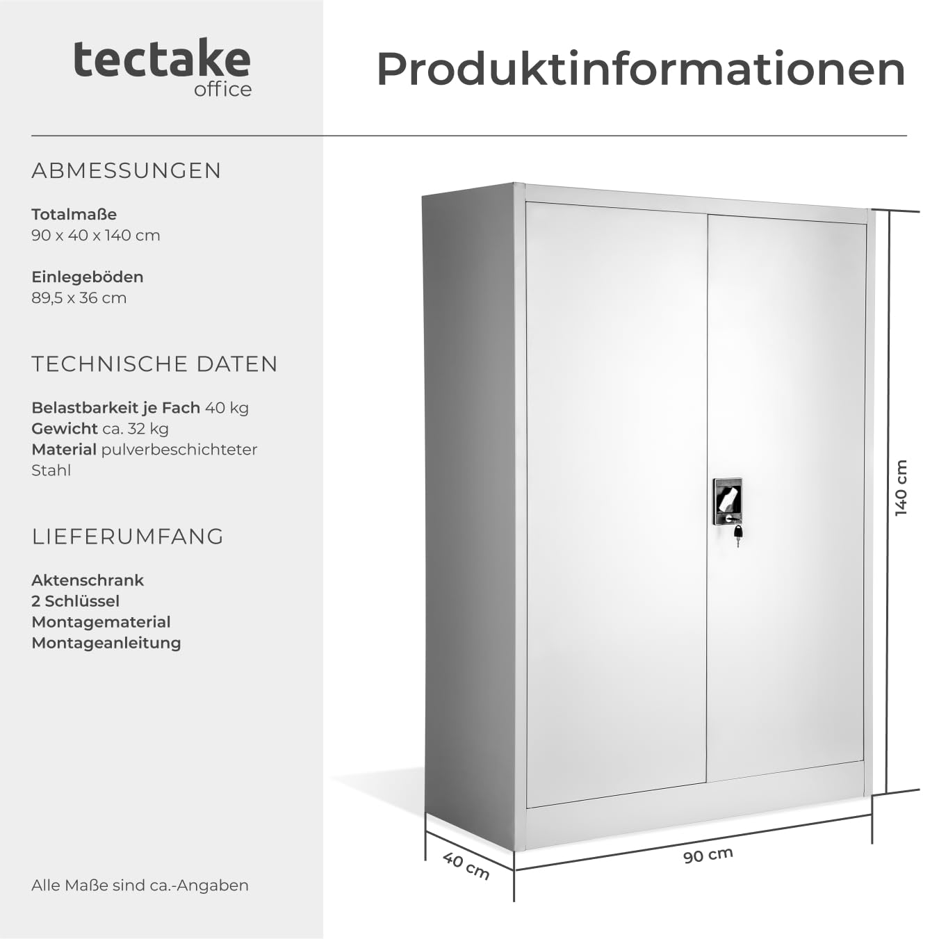 tectake® Aktenschrank abschließbar, Schrank Büro, Metallschrank zur Werkstatteinrichtung, Besenschrank, Vorratsschrank, Werkstattschrank, Spind Schrank mit 4 Fächern - grau, 140 x 90 x 40 cm