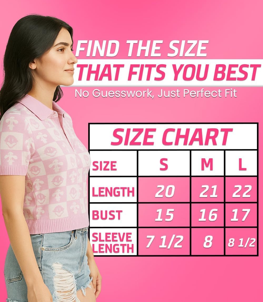 Womens Short Sleeve Sweater in Pink with Large Size | Short Sleeve Sweater for Women in Checkerboard Pattern | Womens Knit Tops Sweater Polo Women with Front Button Placket - Image 8