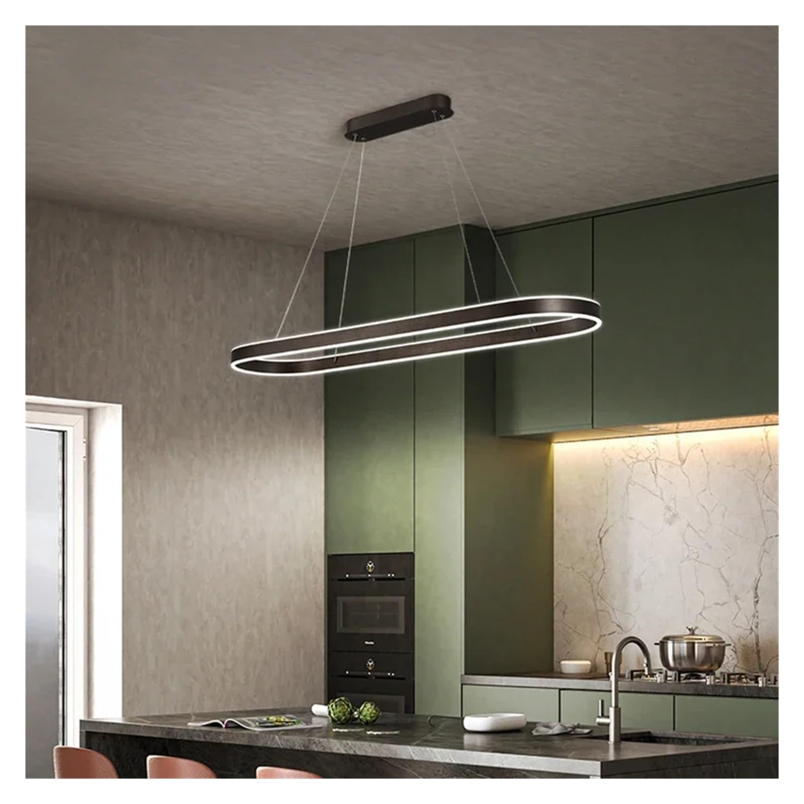 ASerZenith Chandelier, Scandinavian Long Ring Led Pendant Light Compatible With Kitchen Island Dining Room Bar Decorative Lighting Fixtures,Black-100Cm