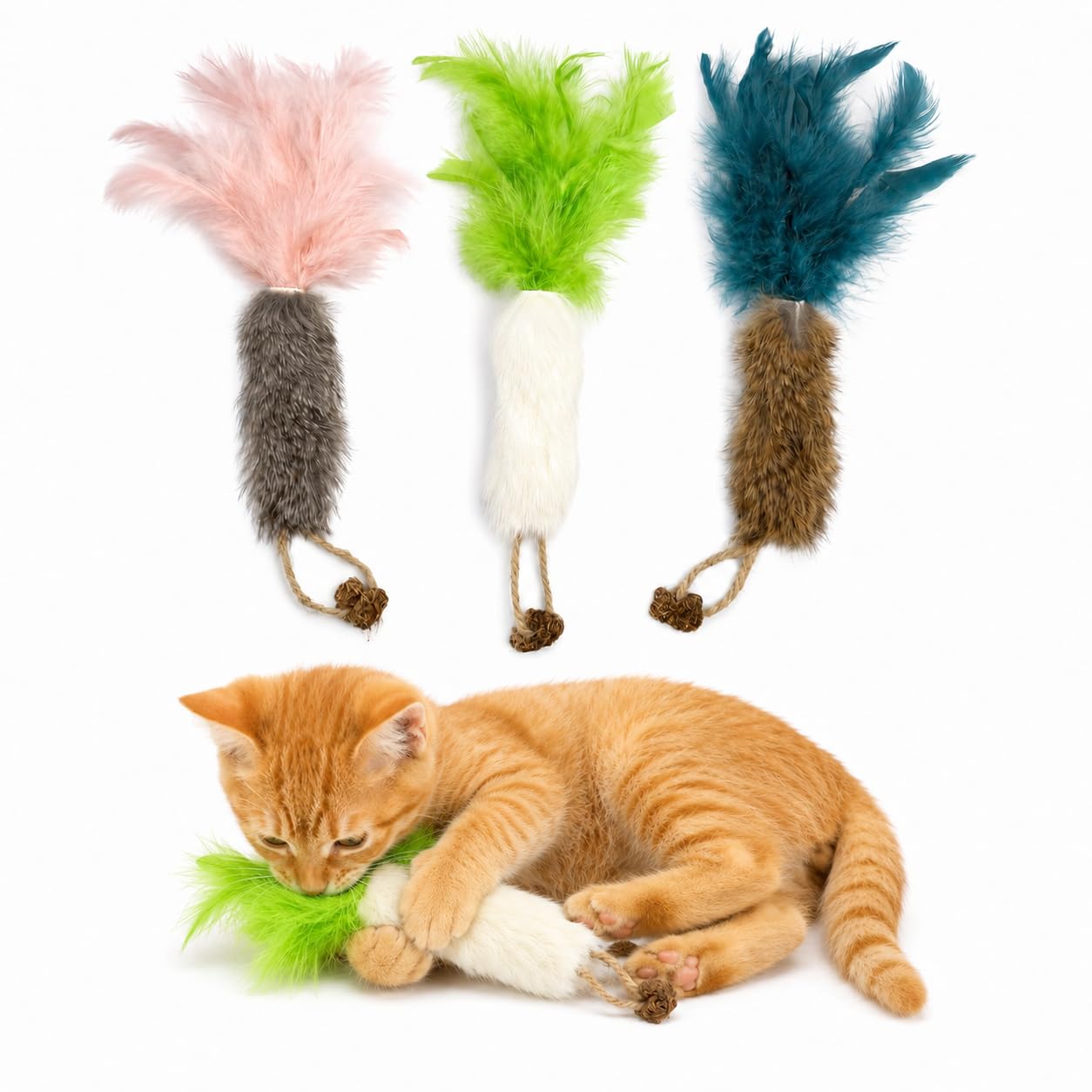 ZAYLUMO 3 Pack Rabbit Fur Catnip Toys with Feathers