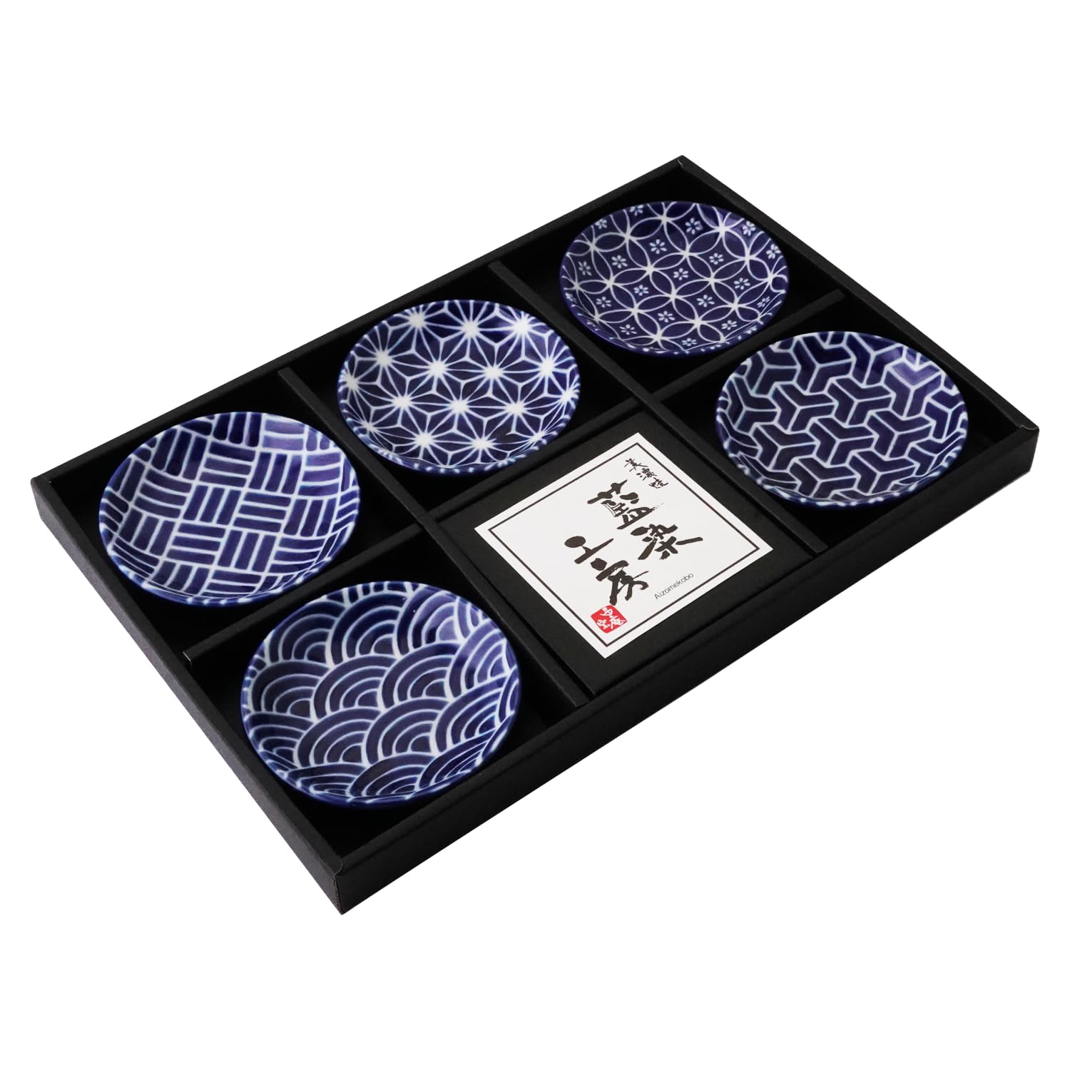 MINO WARE JAPANIndigo Dyeing Japanese Pattern Small Plates set of 5, Soy Sauce Plate, Seasoning Plate, Appetizer Plates, with Gift Box, Made in Japan (Edokomon)