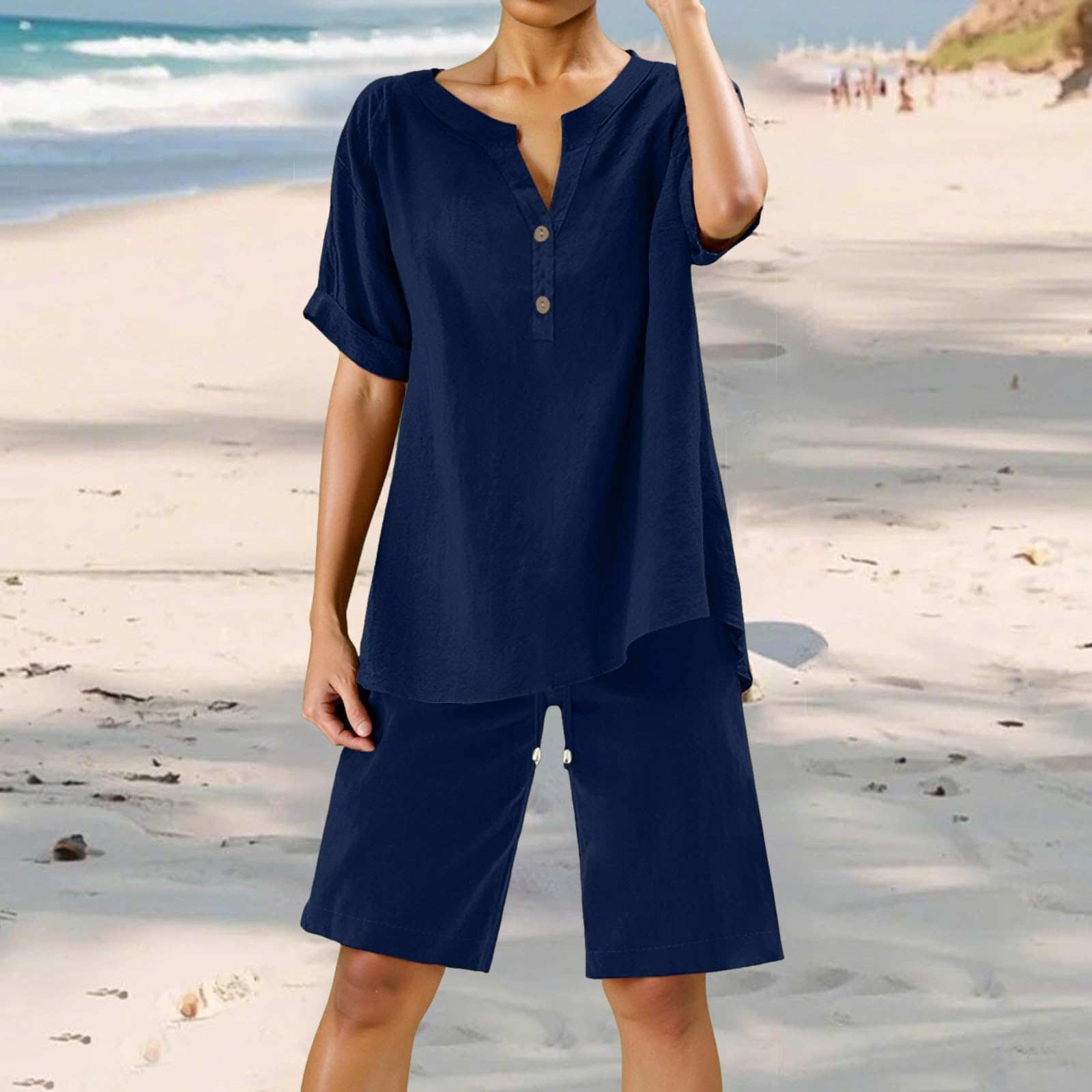 2-teiliges Damen-Outfit mit weitem Bein, Bluse, Taschen, elastische Hosen-Sets, lässiges V-Ausschnitt-Shirt, Hose, modische Streetwear51# L