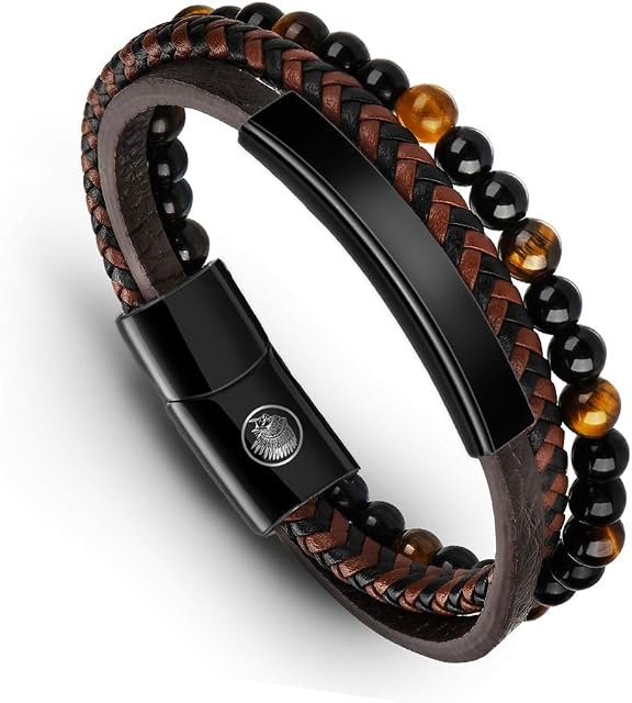 Mens Leather Bracelet  Classic Handmade Braided Black & Brown Cuff Bracelet with Engraved Magnetic Clasp Free Jewelry Gift Boxed