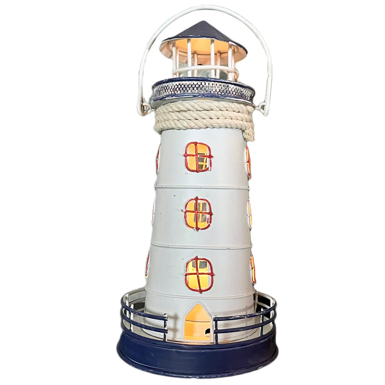 Lighthouse Tealight Holder White Blue Metal Nautical Beach Candle Lantern Decor 22cm