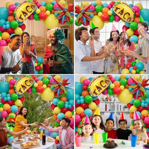 Image of Cinco de Mayo Fiesta Balloons Arch Kit, Rainbow Colors Balloon Garland for Mexican Party Decorations Birthday Taco Twosday Carnival Backdrop with Cactus Llama Sombrero Taco Foil Balloons