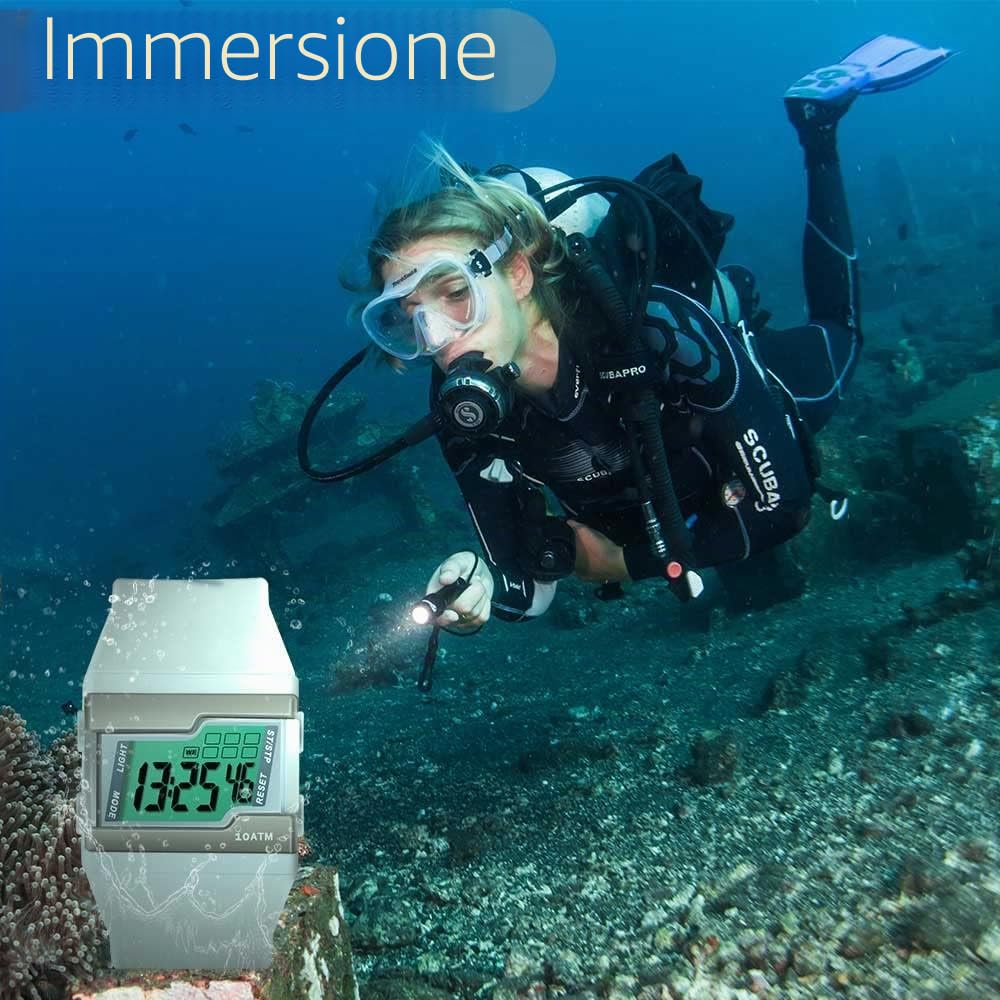 Orologio da Polso Digitale per Nuoto Subacqueo 10 ATM Impermeabile con Molteplici Funzioni di Cronometro Giro, Sveglia, Calendario e Retroilluminazione