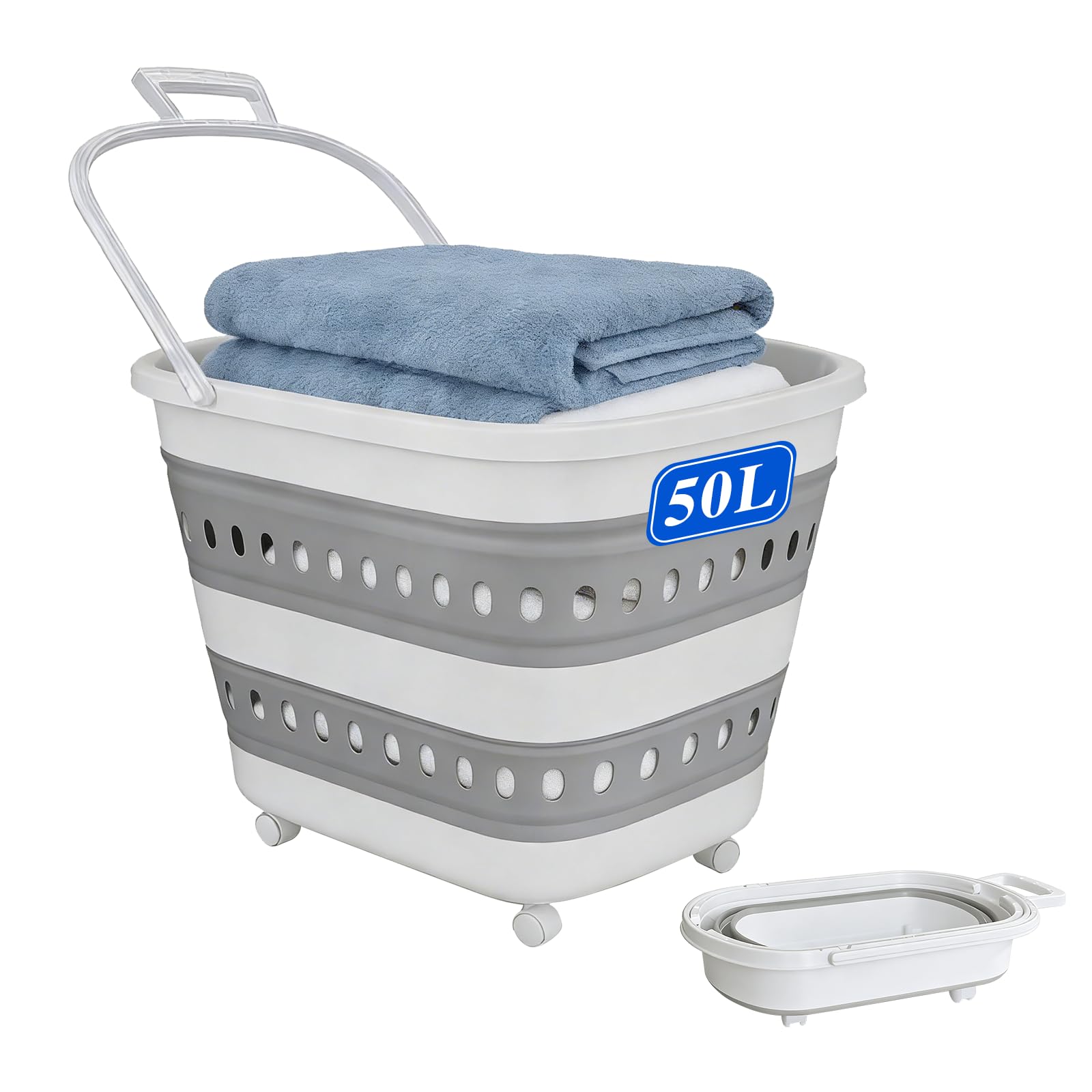 Photo 1 of ***MISSING WHEELS***
50L Collapsible Plastic Laundry Basket Hamper with Wheels, Foldable Laundry Basket with Handles, Pop Up Storage Container Organizer for Washing Storage