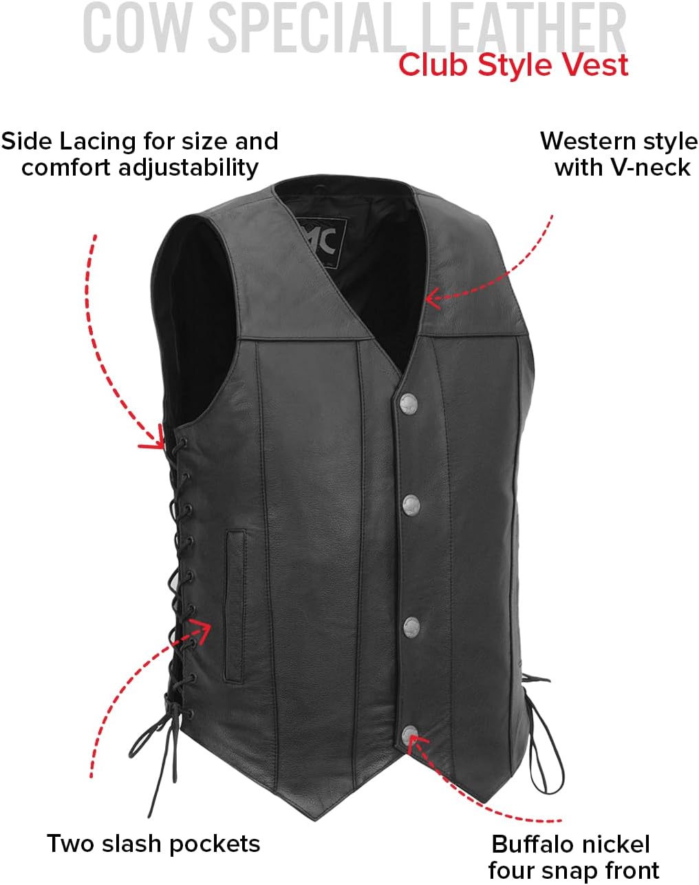 First Mfg Co - Gun Slinger - Men’s Motorcycle Leather Vest Biker Riding Western Style V-neck Vest with Adjustable Side Lacing