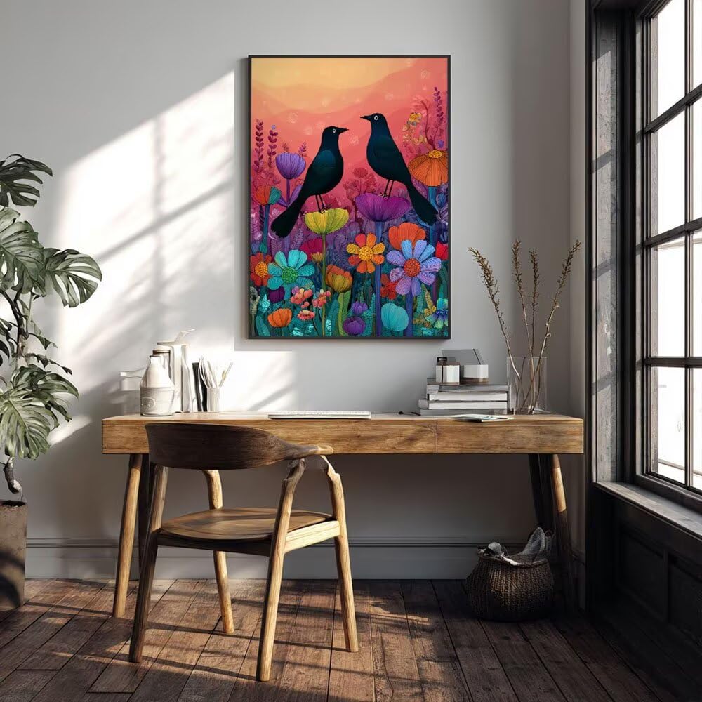 Malen Nach Zahlen Erwachsene DIY Komplettset - Hochwertige Acrylfarben & Leinwand - Entspannendes Kunsthandwerk für Anfänger & Fortgeschrittene - Ideales Home Deko - Krähe Blumen Motiv (80x100cm) C881