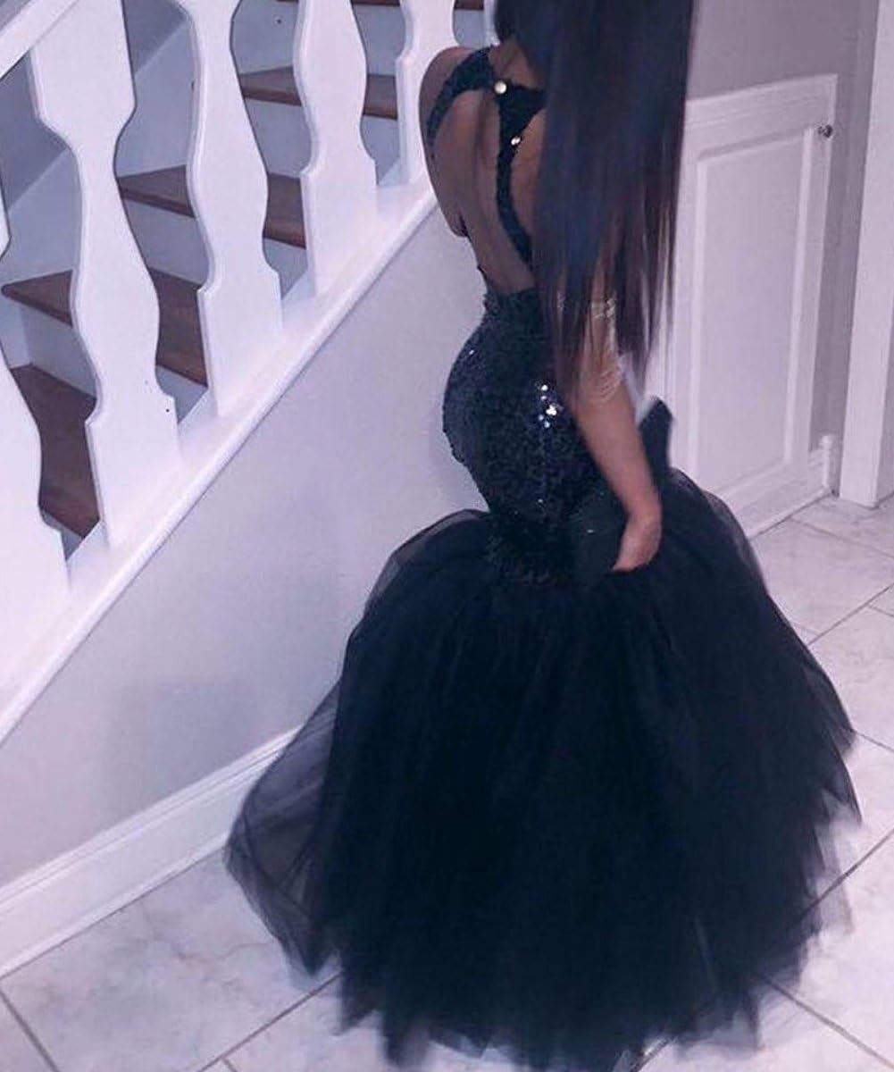 Lemai Halter Sequined Long Mermaid Tulle Backless Prom Evening Dresses