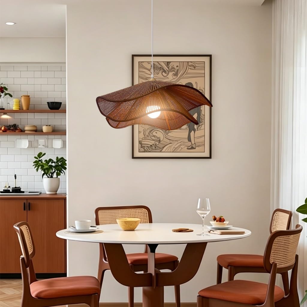Lampadario In Vimini Con LED Lampada A Sospensione Intrecciata A Mano Lampadario In Stile Retrò A Forma Di Petalo Stile Bohemien Per Sala Da Pranzo Isola Della Cucina Soggiorno(Marrone,40CM)