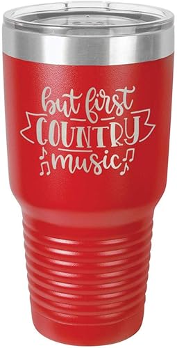 BUT FIRST COUNTRY MUSIC Vaso rojo de 30 onzas con popote y tapa superior deslizante  Taza de viaje de acero inoxidable  Comparar con Yeti Rambler