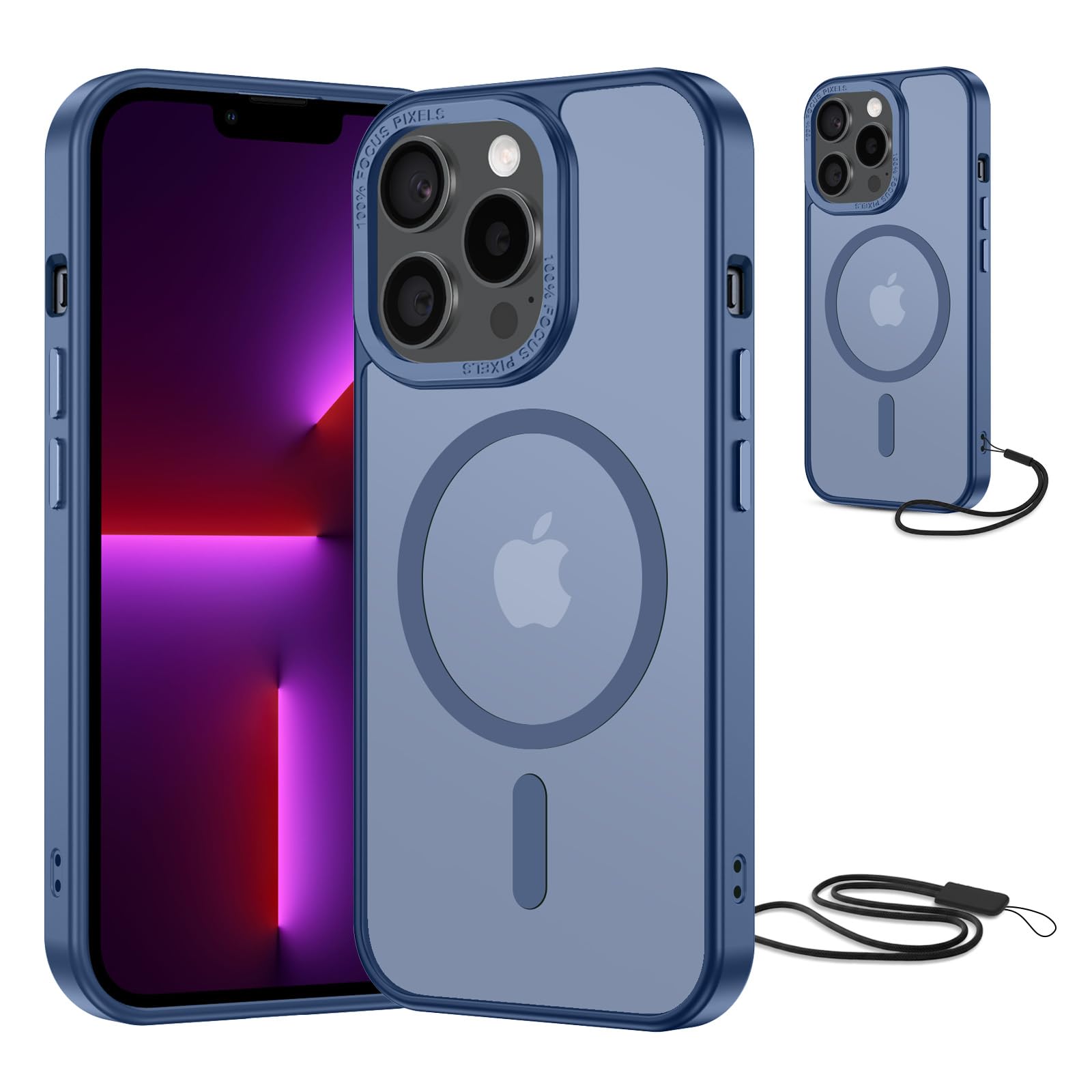 NEW'C Magnetisch Hülle für iPhone 13 Pro (6,1 Zoll) kompatibel mit MagSafe Ultimate, stoßfest-starker Magnetismus und militärischer Schutz-Matte, durchscheinende Hülle mit Umhängeband-Blau