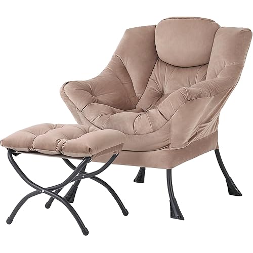 Tiita Lazy Chair with Ottoman, Modern Large Accent Lounge Armchair, Comfy Leisure Sofa Reading Chair with Footrest for Bedroom, Living Room, Dorm Rooms, Garden and Courtyard, Velvet Khaki