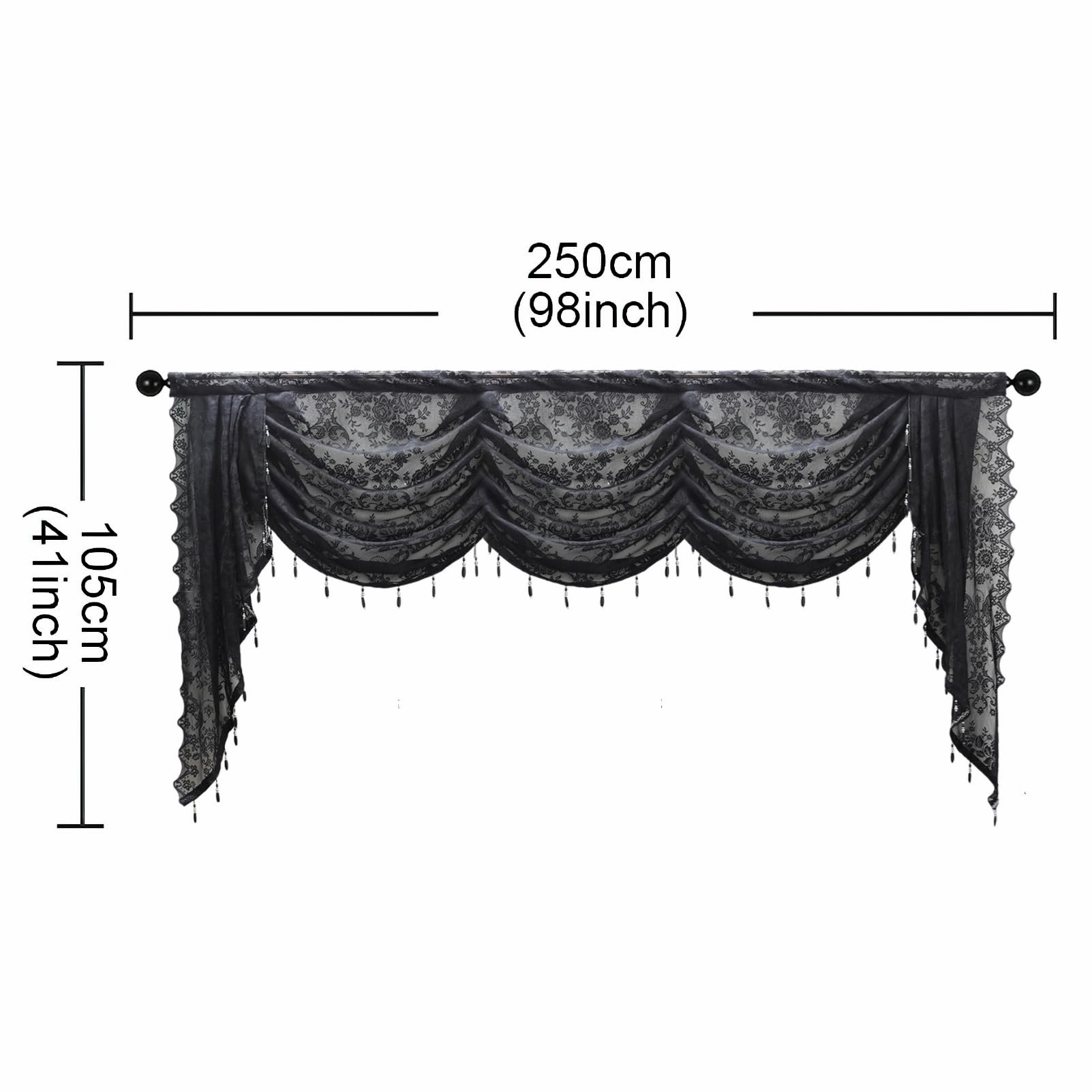 apott Black Swag Valance for Windows Waterfall Valance Curtains Beaded Voile Swags Small Lace Drapes for Living Room Bedroom Party 98x 41 Inch - Image 2