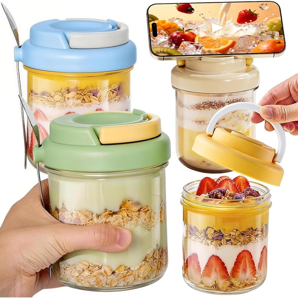 Aundhegrtt Leak-Proof Airtight Overnight Oats Jars 4-Pack 16 Oz Glass Masonjars Jars with Lids and Spoons Oatmeal Storage Containers