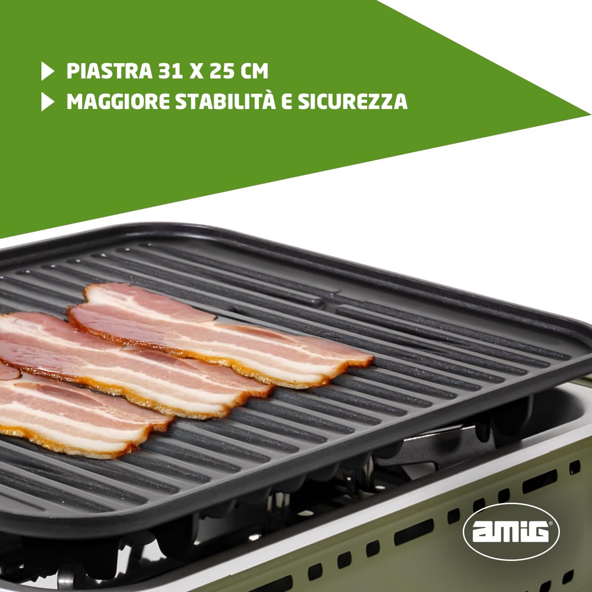 Amig - Cucina a gas da campeggio BBQK01- Kit fornello grill portatile - Griglia in alluminio pressofuso + piastra con coperchio di cottura - Vaschetta raccogli grasso - 1,8 kW - Cartucce B-250
