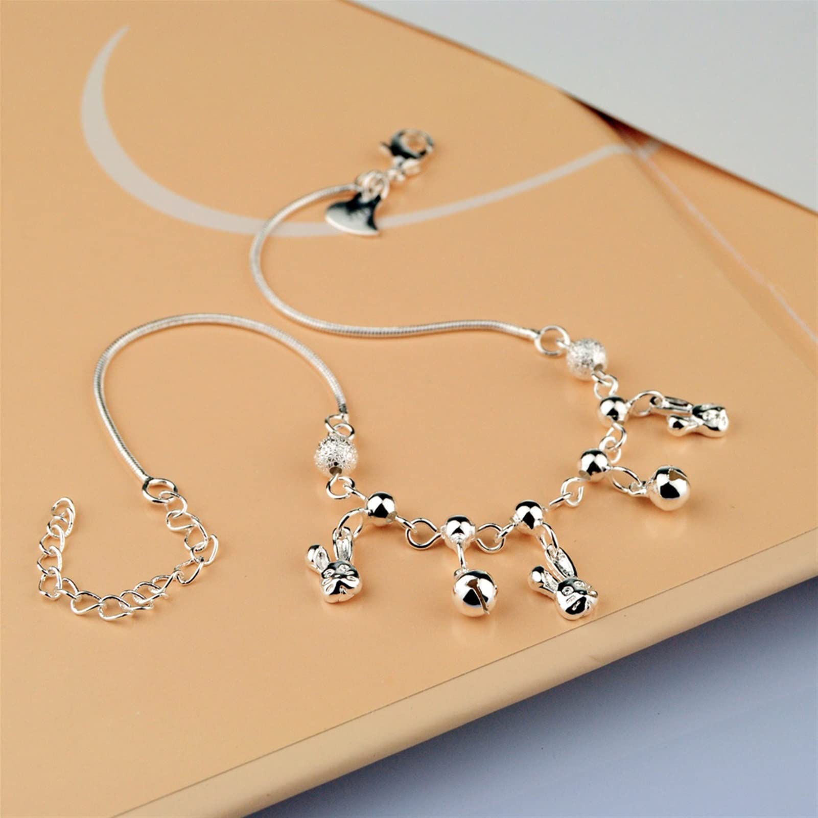 Tobilleras Tobillera de Plata de Ley 925 para mujer, joyería para pie con campana de conejito, sandalias descalzas para playa y verano, tobilleras para mujer