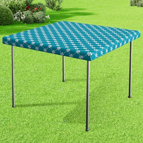 misaya Square Vinyl Table Cloth, Elastic Fitted Tablecloth with Flannel Backing, Waterproof Plastic Table Cover Fits Folding Tables for Camping, Indoor and Outdoor (Teal, 34