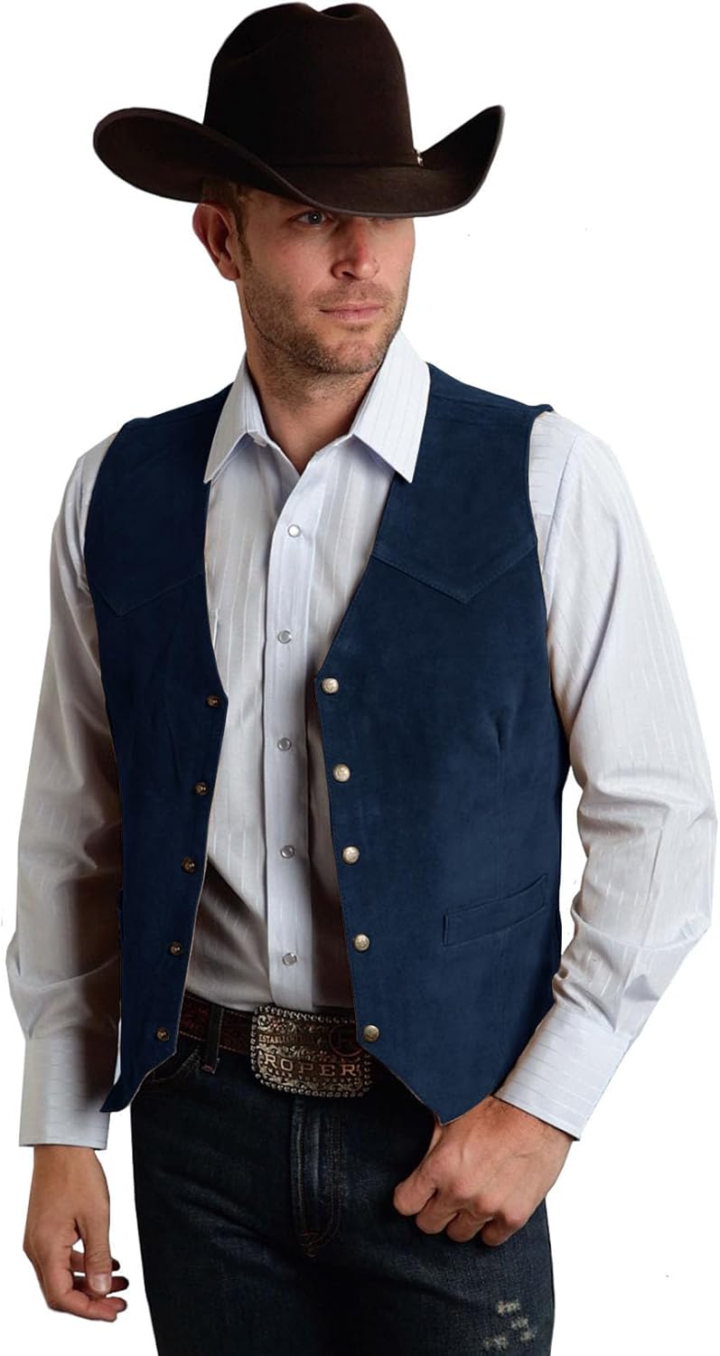 Men's Suede Leather Vest Vintage Cowboy Waistcoats Wedding Slim Fit Sleeveless Jacket