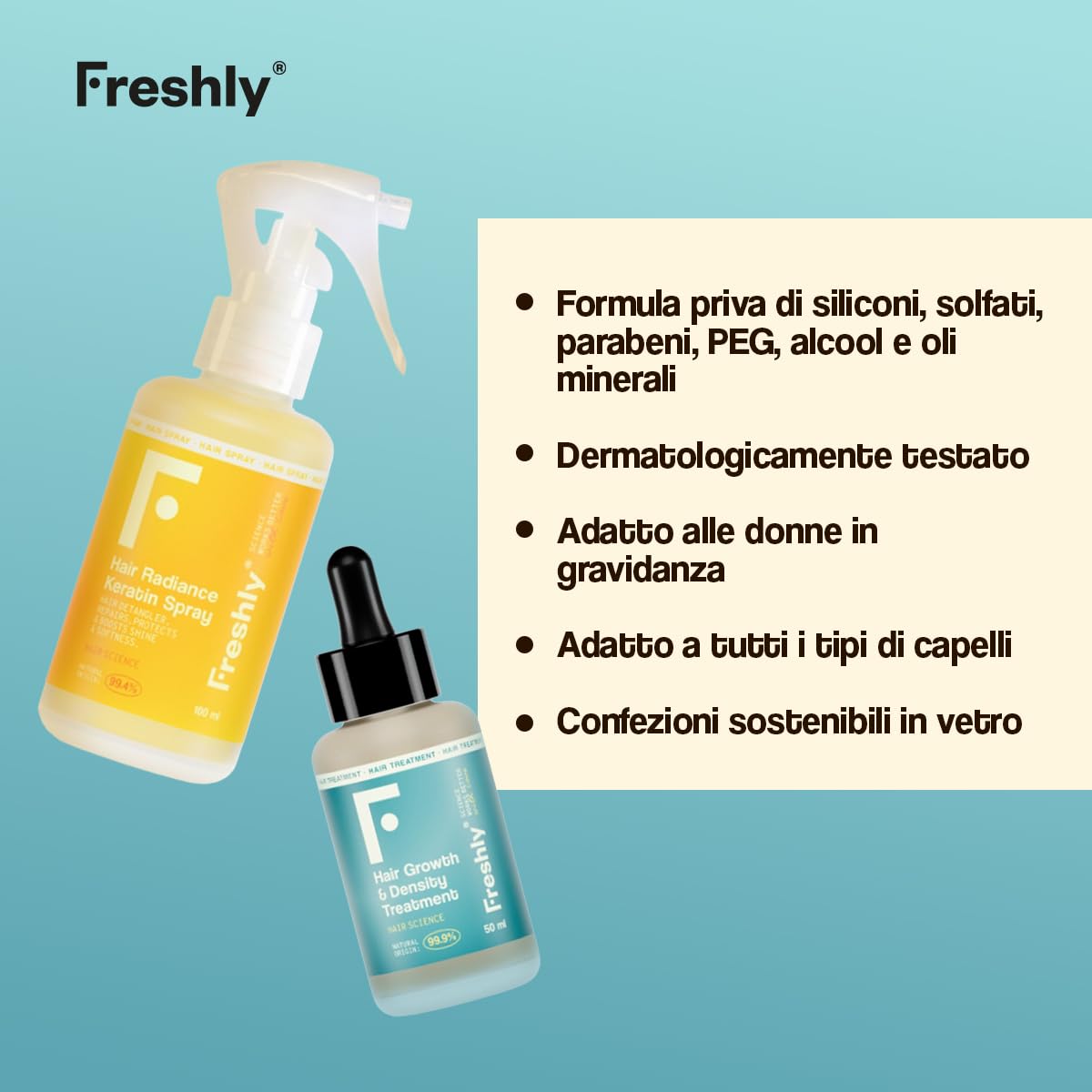 Freshly - Pack Densificante Capillare – Routine Naturale per Volume e Densità dei Capelli – Spray Riparatore + Siero Anti-Caduta – Rafforza, Idrata e Protegge – Formula 99% Naturale