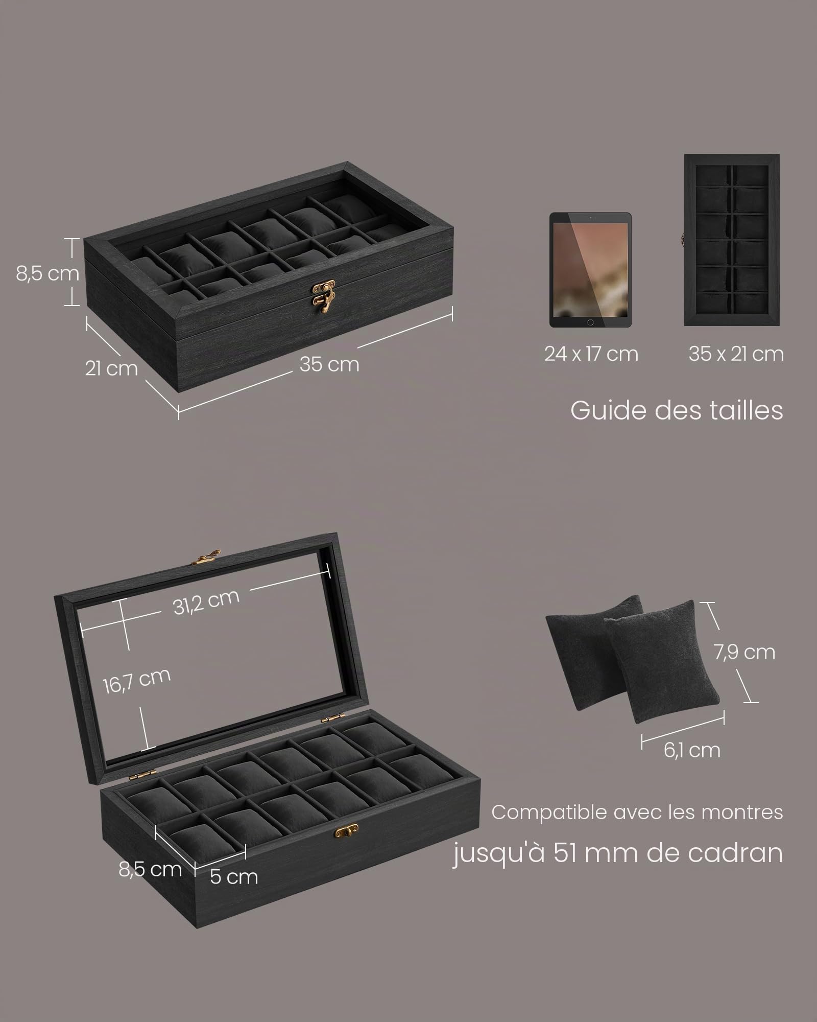 SONGMICS Boîte à montres avec 12 emplacements, en bois massif | Boîte de présentation, couvercle en verre, coussins amovibles, idée cadeau, encre noire, Collection ANICIA JOW120B02