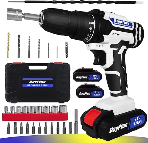 Juego de taladro eléctrico inalámbrico de 21 V con embrague de 25+1, 2 velocidades variables, juego de taladro con iones de litio de 2 x 1.5 Ah,