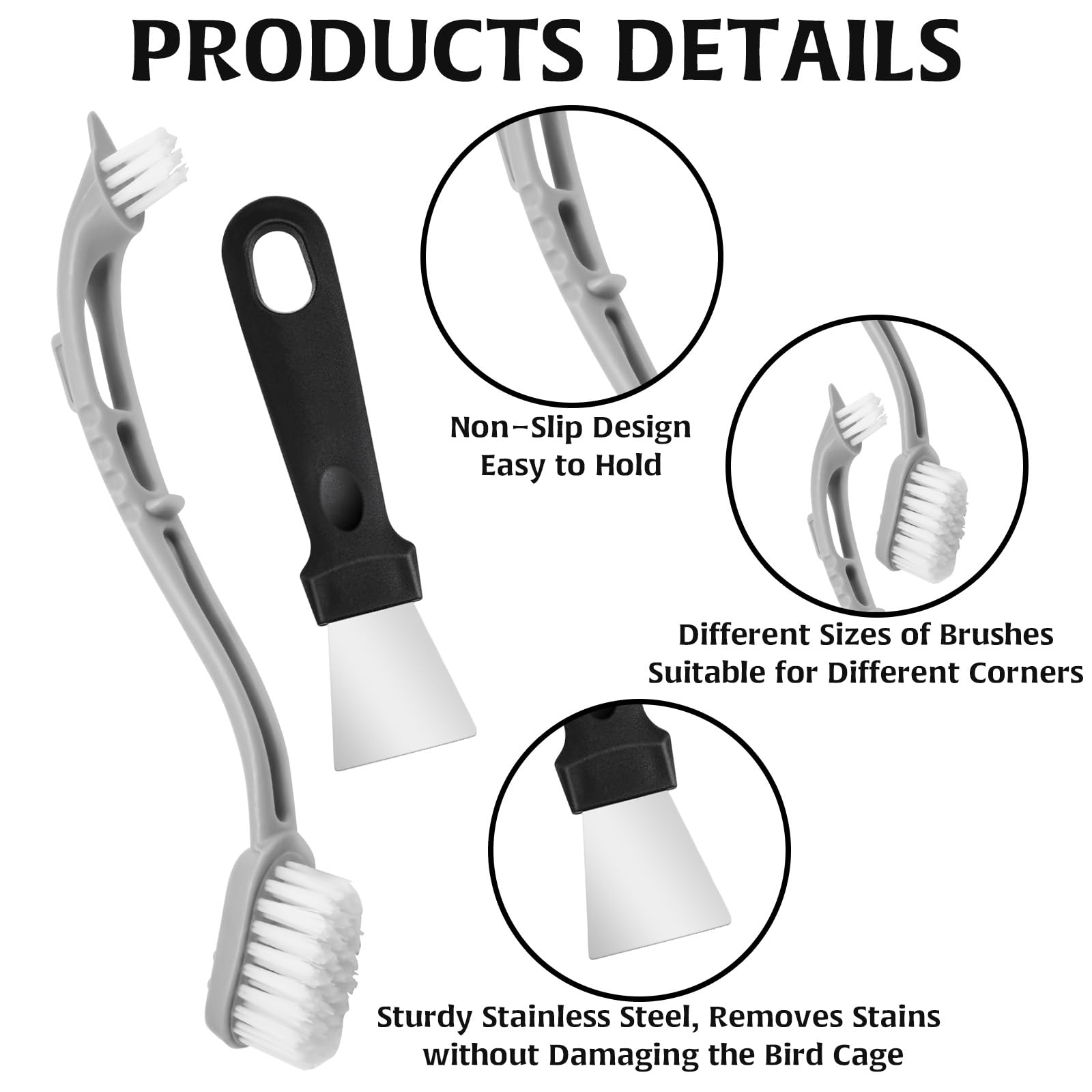 Pulitore per gabbie per uccelli con spazzole anteriori e posteriori, raschietto per la pulizia, utensile con manico lungo, strumento per la rimozione degli escrementi di uccelli, utensili in